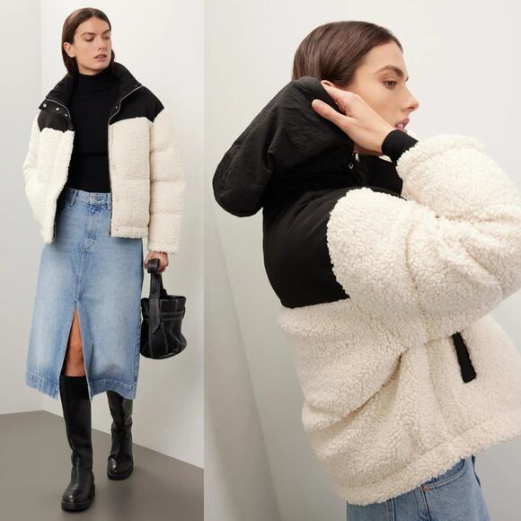 Maje Jackets & Blazers - Maje Quilted Sherpa Puffer Coat Jacket Ecru Black‎ Size 1 US 2-4